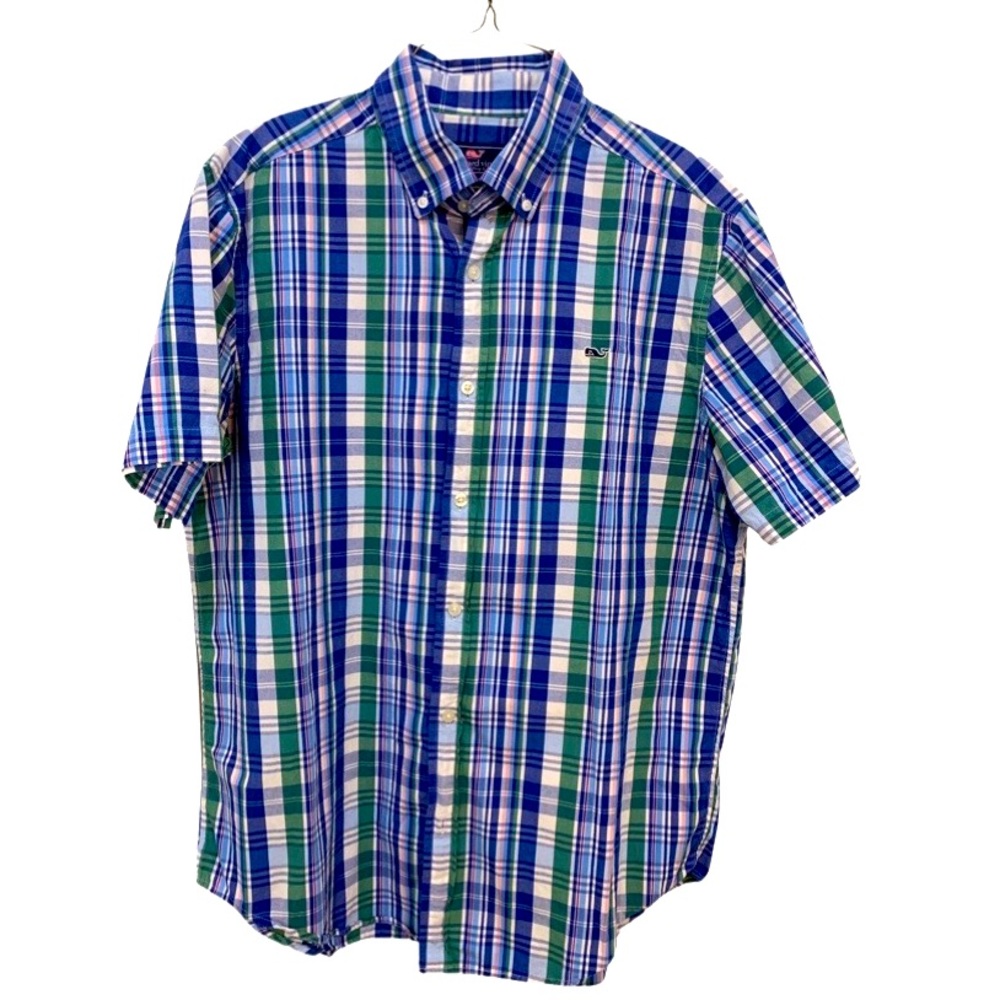 Vineyard Vines Short Sleeve Whale Shirt. Blue/Green with pink Plaid. Size L - Picture 1 of 7